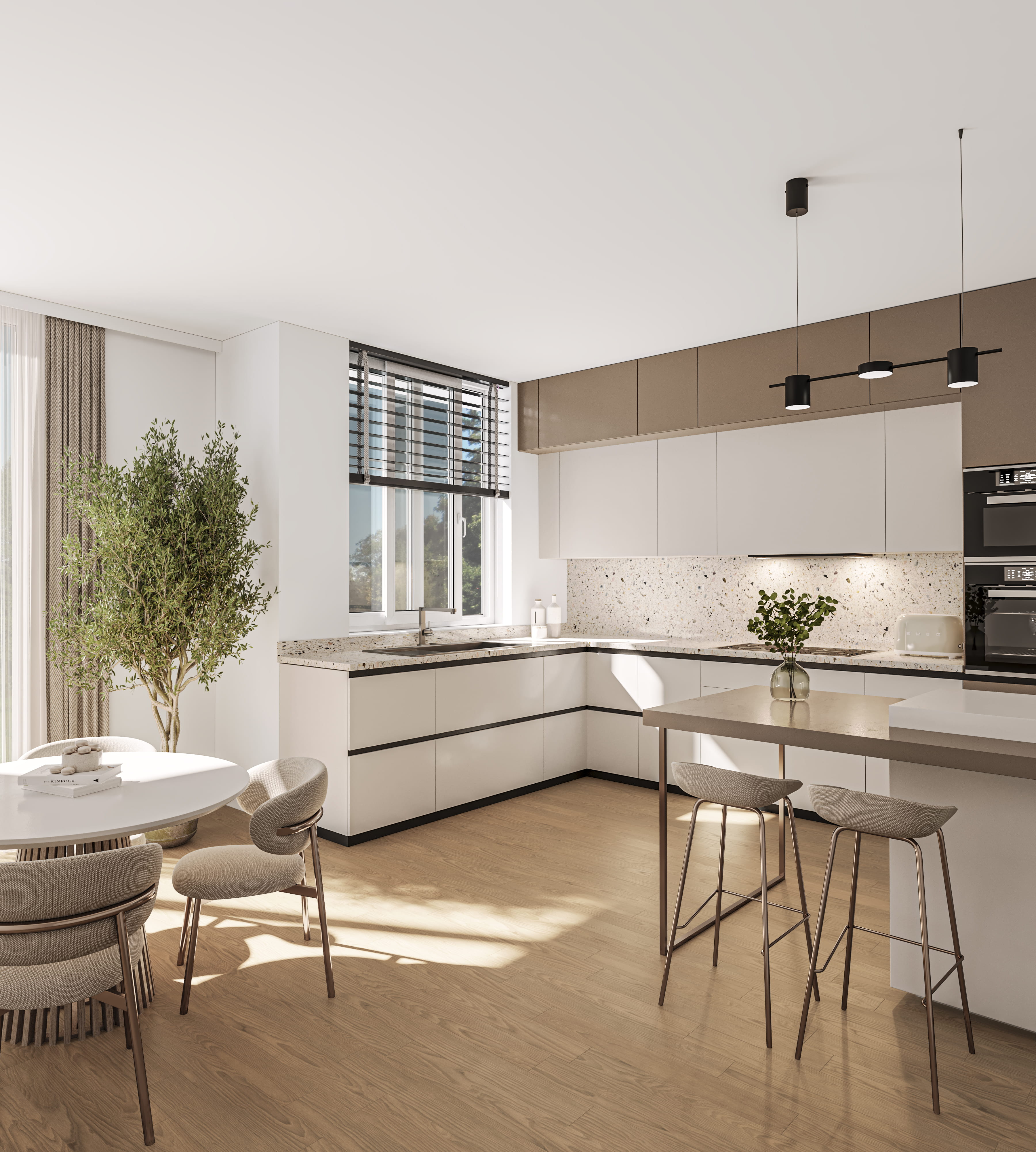 Virtuelles Home Staging einer hellen, offenen Küche mit angrenzendem Essbereich. Das Digital Home Staging zeigt ein Raumkonzept im Einrichtungsstil modern mit grifflosen weißen Schrankfronten, einer stilvollen Terrazzo-Arbeitsplatte, einer Kücheninsel mit Barhockern, einem runden Esstisch und hellem Holzboden.
